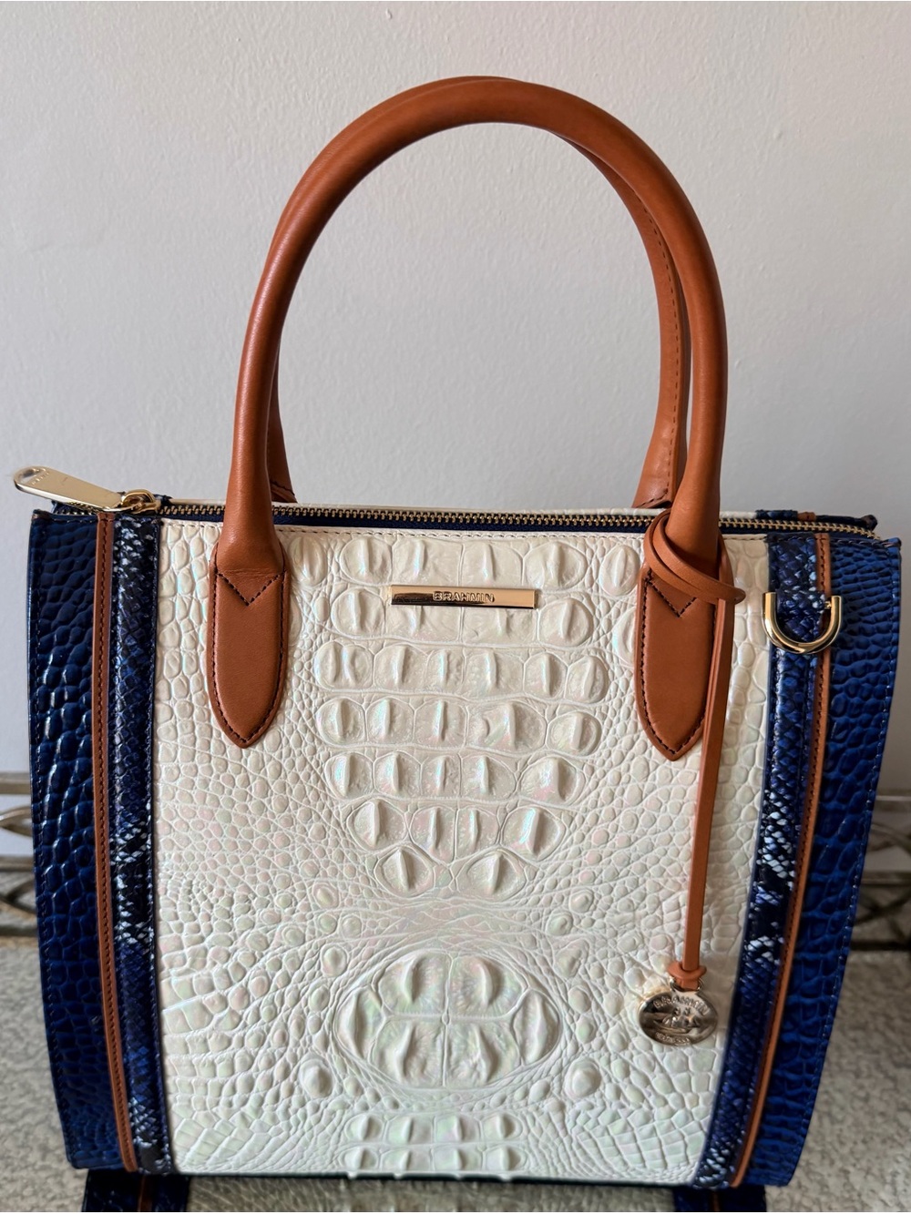 Brahmin Iridescent White Satchel with Navy Panels &Brown Trim - milk Atlantica
